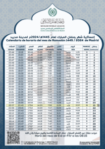 Lee más sobre el artículo Calendario de horario del mes de Ramadán 1445 / 2024  de Madrid